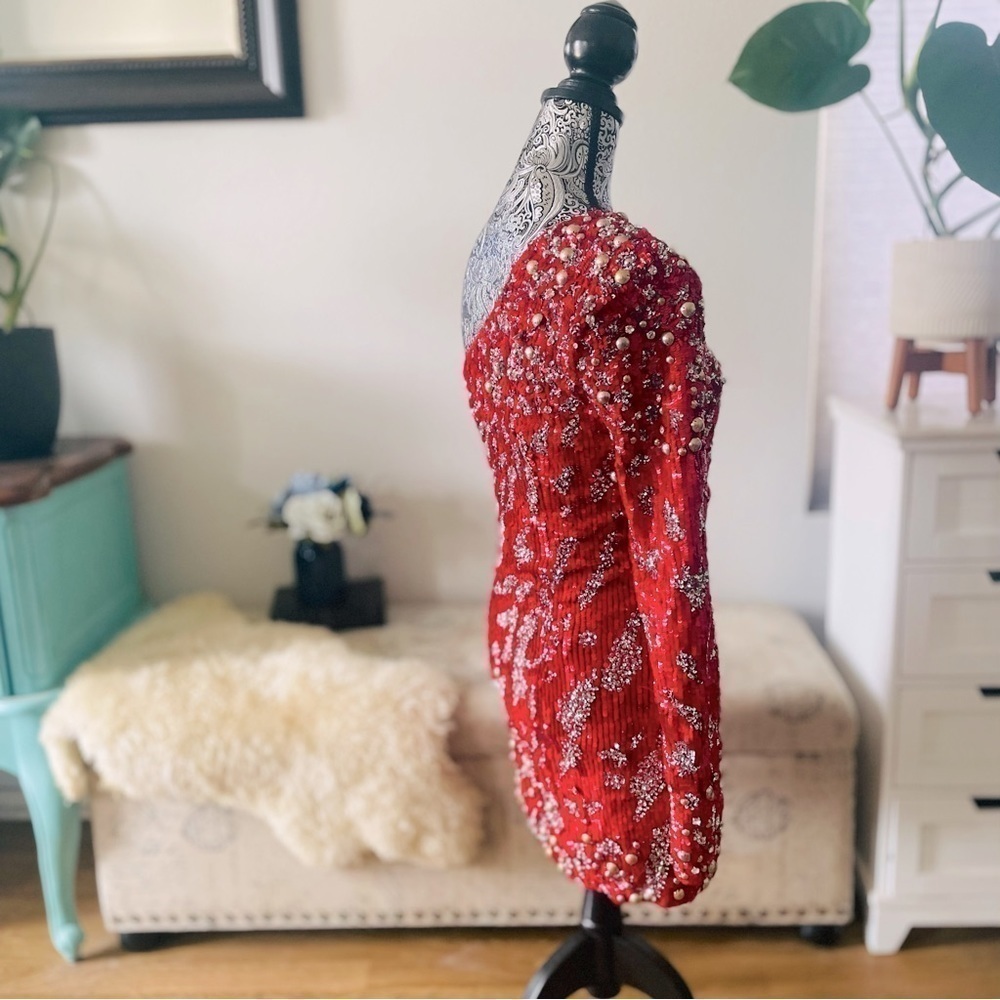 Dundas x Revolve Jett Sequin Embellished One-Shoulder Mini Dress in Red, Small - Picture 7 of 17